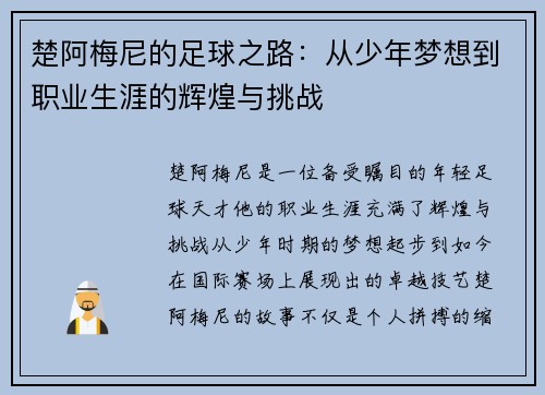 楚阿梅尼的足球之路：从少年梦想到职业生涯的辉煌与挑战